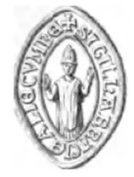 Gravure montrant un sceau médiéval en forme de mandylion, dans lequel un texte entoure un évêque.