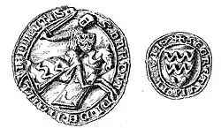 Dessin en noir et blanc de l'avers et du revers d'un ancien sceau de forme circulaire.