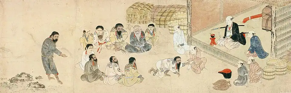 Scène de commerce entre Aïnous et Japonais, peinture de Kodama Teiryō&nbsp;(en).