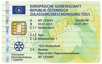 Recto du certificat d'immatriculation autrichien Partie I au format carte de crédit