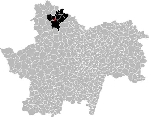Carte des communes de Saône-et-Loire, présentant l'étendue du gisement de schiste bitumineux d'Autun en noir et la mine des Télots en rouge.