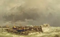 Huile représentant trois personnages autour d'une petite embarcation reposant sur une éminence rocheuse entourée par une mer houleuse.