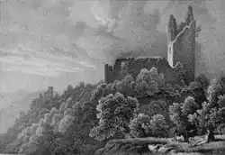 Vue d'artiste des château de Schrankenfels et du Haneck en 1839.