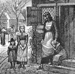 Femme portant un écriteau et une scold's bridle, Nouvelle-Angleterre, lithographie de 1885.