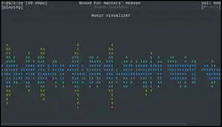 Capture d'écran de ncmpcpp, client pour mpd, montrant, dans l'écran de visualisation de la musique, la vue «sound wave filled». La musique s'intitule "Bound for Hacker's Heaven" de Steve Savitzky et est à deux minutes de lecture, sur deux minutes vingt-trois, à quatre-vingt-neuf kilobits par seconde.