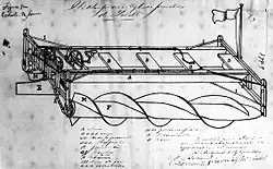 L'image représente un châssis de véhicule décrit comme un moyen de propulsion des barges par des vis sans fin. Le brevet a été déposé et délivré en 1874.