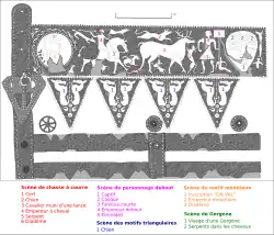Reproduction de la scène de chasse avec au centre un cerf, quatre chiens, l'empereur à cheval, puis à sa gauche l'empereur sur une monnaie et à sa droite l'empereur avec un étendard et un captif à ses pieds. Une représentation de Gorgone se trouve à droite.