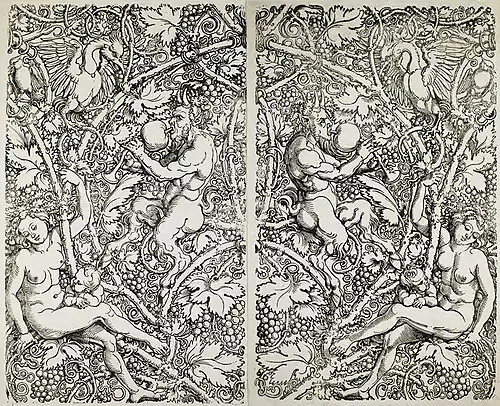 Nymphes et satyres dans un motif de vigne, estampes pour papier paint, Minneapolis Institute of Art, c. 1520-1525.