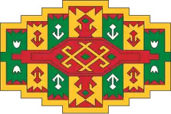 Dessin géométrique à symétries horizontale et verticale aux couleurs rouge, verte et jaune.