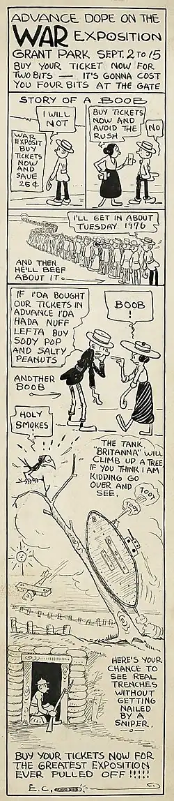 Strip vertical de Looping the Loop (été 1918) faisant la promotion d'une exposition consacrée à la Première Guerre mondiale