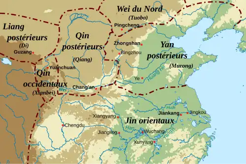 Les royaumes se partageant la Chine du Nord en 395-400, après la chute des Qin antérieurs.