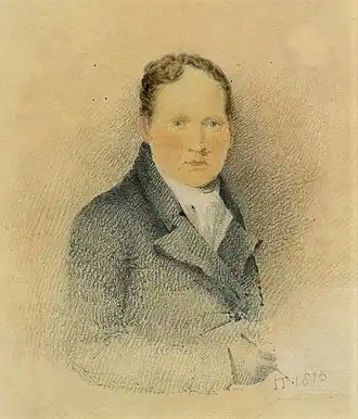 Portrait pastel d'un homme en costume bleu-gris, traits délicats, signature datée 1816.