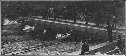 Demi-finale du 100 mètres nage libre masculin, le 19 juillet. De h. en b. :USA : Duke Kahanamoku,CAN : Clayton BourneSWE : Orvar TrolleJPN : Katsuo TakaishiHUN : István Bárány,USA : Samuel Kahanamoku.