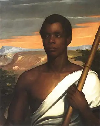 Peinture en couleur d'un homme noir en buste sur fond de paysage, une épaule nue et drapé blanc sur l'autre épaule