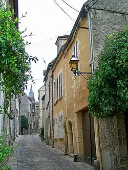 Une petite rue ancienne pavée et entourée de vieilles maisons.