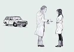Dessin au crayon d'une voiture et d'un homme parlant à une femme.