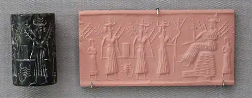 Sceau-cylindre et impression mettant en scène des divinités de la végétation en procession devant une déesse de la végétation. British Museum.