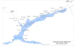 Schéma montrant le contour du lac et le tracé de la ligne avant et après celle-ci.