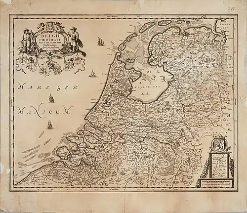 Carte des Provinces-Unies de 1658 avec le Zuiderzee au centre, tel qu'il était encore avant la création de l'Afsluitdijk.