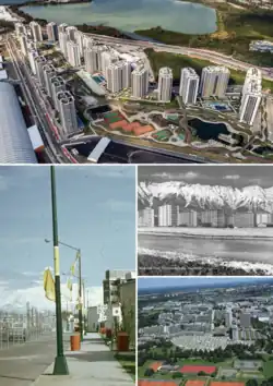 Montage de quatre images. La première est une vue aérienne de nombreux bâtiments et d'un parc. La seconde une photo en noir et blanc d'une rivière, de bâtiments et de montagnes en arrière-plan. La troisième des bâtiments et des courts de tennis à l'avant-plan. La quatrième est une photo d'une rue bordée de bâtiments.