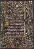 Page à médaillons marginaux du Buisson ardent et d'Aaron et une lettrine historiée représentant la Nativité.