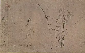 Ligne à l’encre sur papier, montrant une personnage à gauche et une statue en armure armée d’un arc à droite.