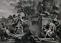 gravure avec cinq personnages à gauche et quatre à droite regardant avec crainte un tombeau, au milieu, qui porte une tête de mort et un cartouche sur sa paroi