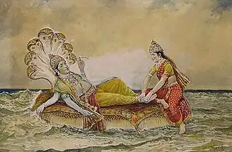 Vishnu en tant que Narayana se reposant sur Shesha sur eaux célestes, accompagné de sa parèdre Lakshmi