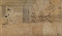 Peinture. vue sur une maison rurale. Une nonne est assise sur le pas de porte et discute avec une femme assisse à l'intérieur.