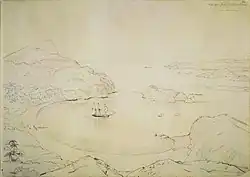 Gravure du dix-neuvième siècle montrant un navire à voile faisant relâche dans une baie.