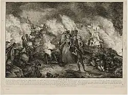 Estampe. XIIIe&nbsp;siècle. Une femme parmi les assiégeants, en tenue de ville, met le feu à un canon. Un cavalier regarde.