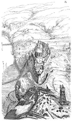 Dessin au trait de Château Gaillard assiégé. Au sud du château se trouve la ville fortifiée des Andelys, tandis que les forces assiégeantes campent au sud. Il y a des catapultes et une tour de siège prêtes à attaquer le château.