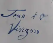 Signature d'Auguste Jean, Jean et Cie Vierzon. Émail bleu sur faïence émaillée. Entre 1888 et 1896.