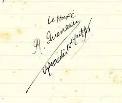 Signature de Raymond Queneau sur un cahier d'écolier, conservée à la Bibliothèque Armand Salacrou