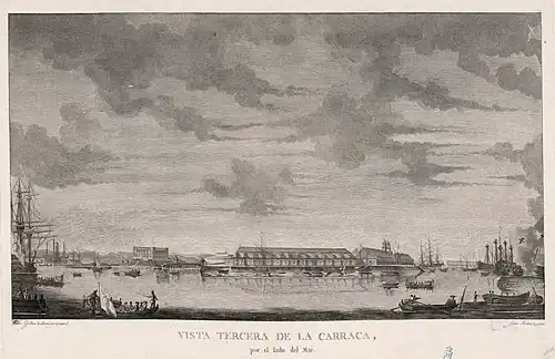Vista tercera de La Carraca, por el lado del mar Pedro Grolliez, gravure d'après un dessin de Pedro Grolliez&nbsp;(d), pour Vistas de los puertos de mar de España (1785).