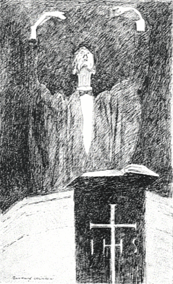 Simplicissimus, 16 novembre 1908 : Predigttext für Hofprediger: Sirach Kap 23, Vers 33: "O, dass ich könnte ein Schloss an meinen Mund legen und ein fest Siegel auf mein Maul drücken, dass ich dadurch nicht zu Fall käme, und meine Zunge mich nicht verderbte!"