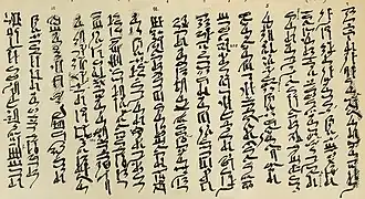 Papyrus montrant une écriture hiératique (Moyen Empire) répartie en 17 colonnes de dix à quatorze caractères chacune