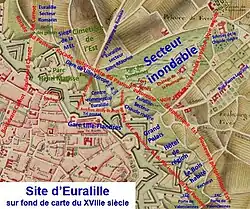 Site d’Euralille I et II sur carte du XVIIIe siècle.