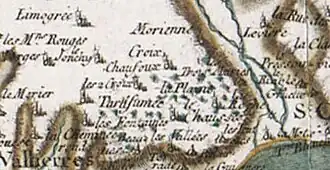 Le site de La Plaine, commune de Fondettes (ici en haut, à droite de l'ancienne commune de Vallières, sur un extrait provenant de la carte de Cassini, document réalisé dans la seconde moitié du XVIIIe&nbsp;siècle par César-François Cassini (1714-1784)