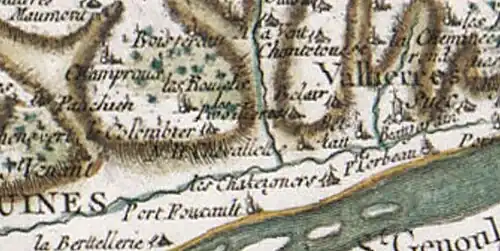 Le site et la chapelle de la « Chevallette » (ici en bas, à gauche de l'ancienne commune de Vallières) sur un extrait provenant de la carte de Cassini, document réalisé dans la seconde moitié du XVIIIe&nbsp;siècle par César-François Cassini (1714-1784)