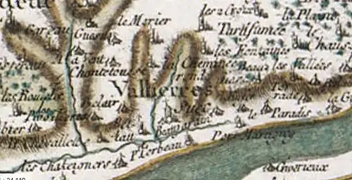 Vallières et la chapelle de la « Chevallette » (ici en bas, à gauche) sur un extrait provenant de la carte de Cassini, document réalisé dans la seconde moitié du XVIIIe siècle par César-François Cassini (1714-1784)