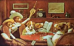 6 chiens assis autour d'une table dans un salon, deux avec un chapeau dont un tient un parapluie, un qui lit en fumant, un avec des lunettes.