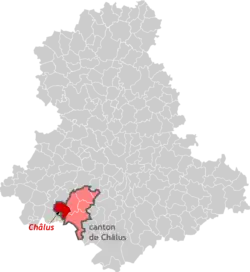 Sur la carte de la Haute-Vienne, position de la commune et de l'ex-canton de Châlus, à l'extrême sud-ouest du département