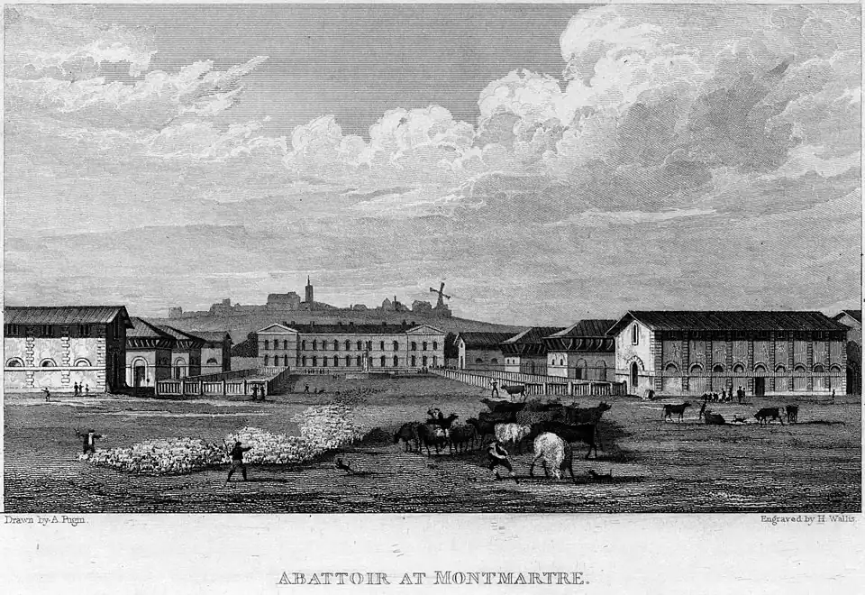 Les abattoirs en 1831. À l'arrière-plan, la colline de Montmartre et ses moulins.