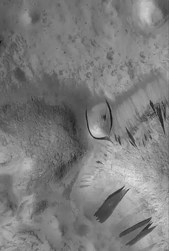 Traînées noires dans la région de Phlegra Dorsa. La traînée près du centre de la photo a contourné une petite colline. La photo couvre une zone de 3&nbsp;km de large.