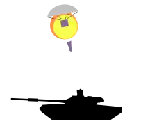 Illustration d'une sous-munition antichar parachutée allemande Rheinmetall / Diehl SMArt 155 détonant au-dessus d'un char afin de perforer son toit légèrement blindé.