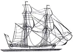Dessin d'un Senau ou Snow en anglais (Architectura Navalis Mercatoria, 1768, Druckplatte LXII) - Le double grand-mât est peu visible, il porte la brigantine.