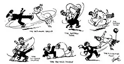 Dessin humoristique de Rube Goldberg prétendant essayer de deviner quelles seraient les prochaines danses à la mode (août 1912).
