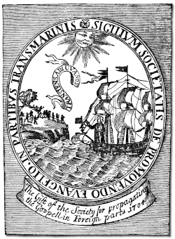 Sceau représentant un navire marchand, le soleil, la mer, et une côote avec des habitations et des individus. Le tout cerclé du nom de la Société en latin.