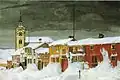 Efter snestorm, Lillegaten Røros, peinture à l'huile de Harald Sohlbeg vers 1904, Après la tempête de neige, rues de Røros sidestreet.